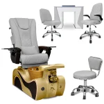 COMBO 5-PIECE – Free Shipping + Gifts | New Wave Pedicure Spa Chair (Gold Base) & Nail Table Set with Venus Technician & Customer Chairs