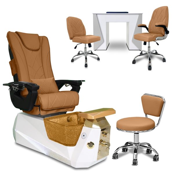 COMBO 5-PIECE SET – Free Gifts | Galaxy Golden Pedicure Chair Set, Mesmer Nail Table, Venus Technician & Customer Chairs